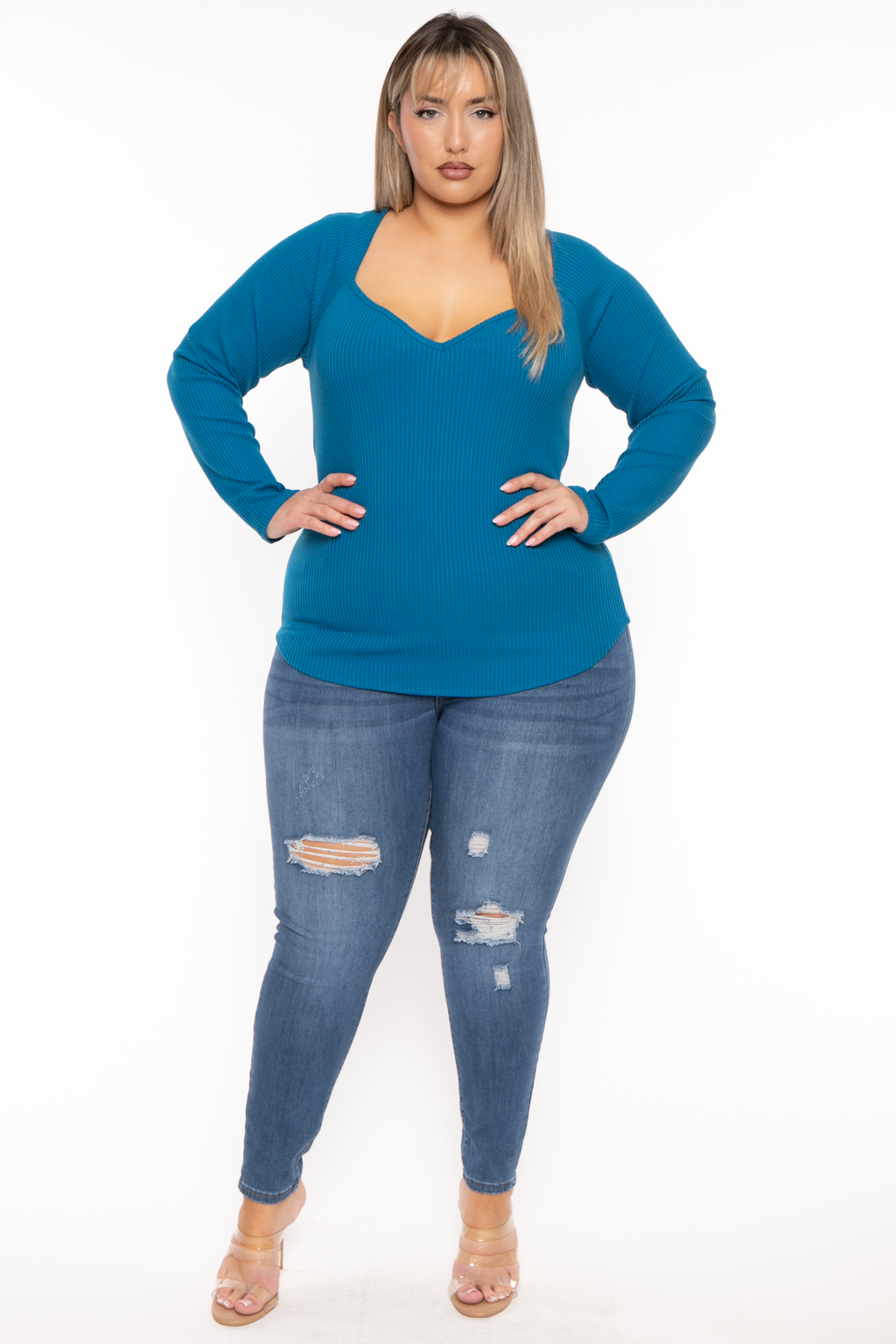 Plus Size  Lia Sweetheart Ribbed  Top- Teal
