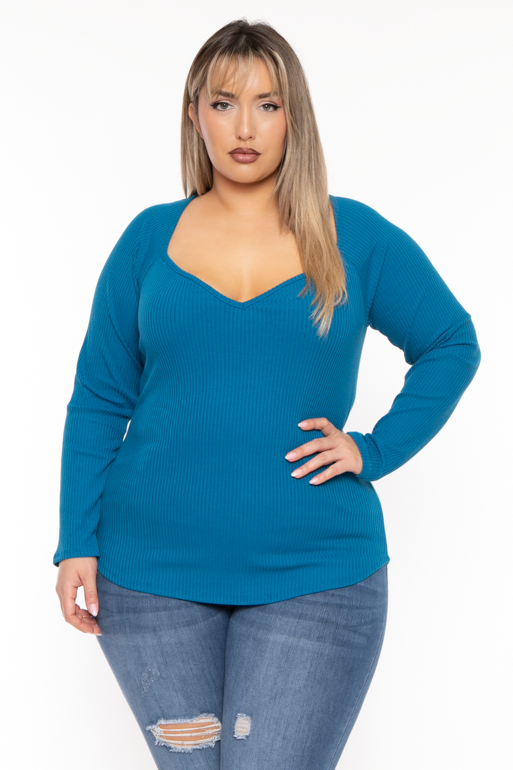 Plus Size  Lia Sweetheart Ribbed  Top- Teal