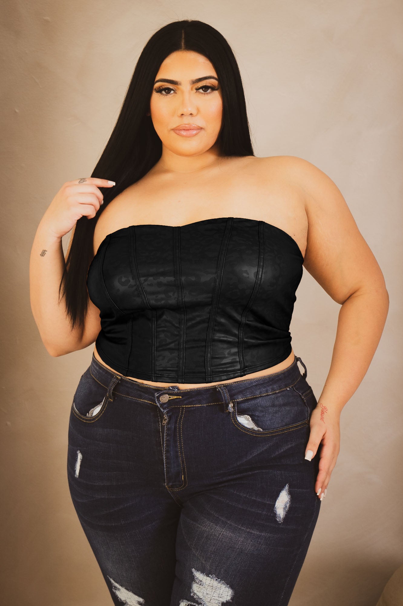 Plus Size Ena Vegan Leather Corset Top - Black