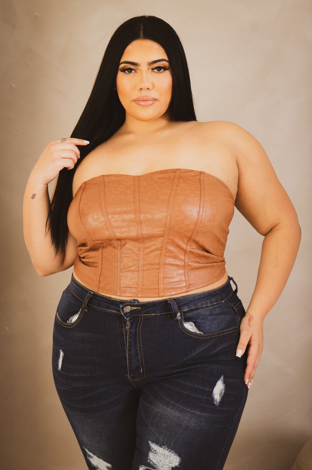 Plus Size Ena Vegan Leather Corset Top - Brown