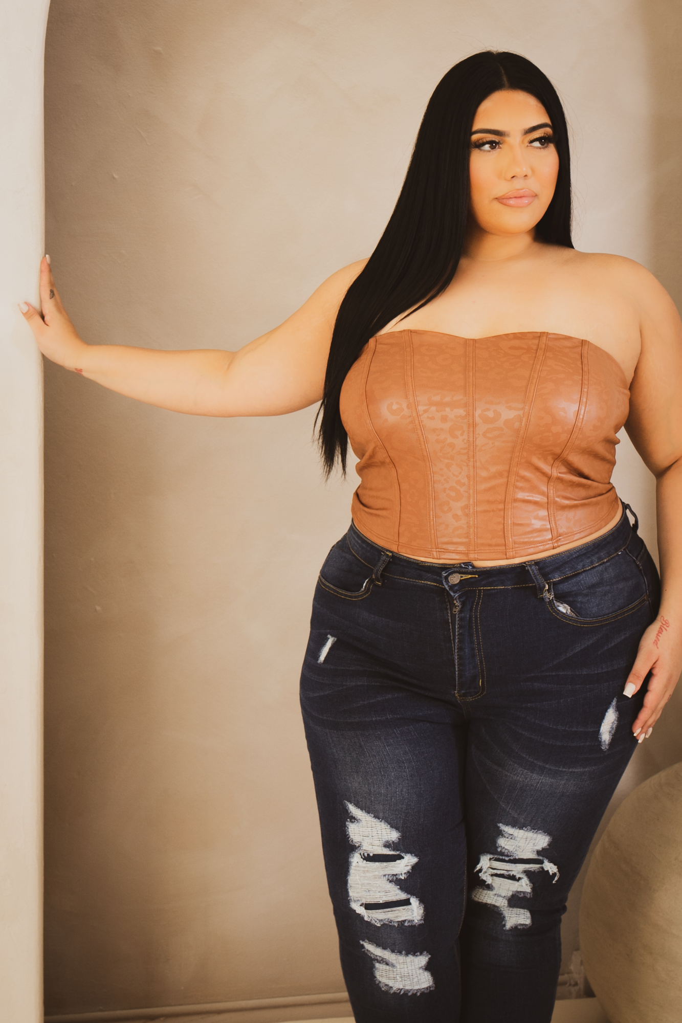 Plus Size Ena Vegan Leather Corset Top - Brown