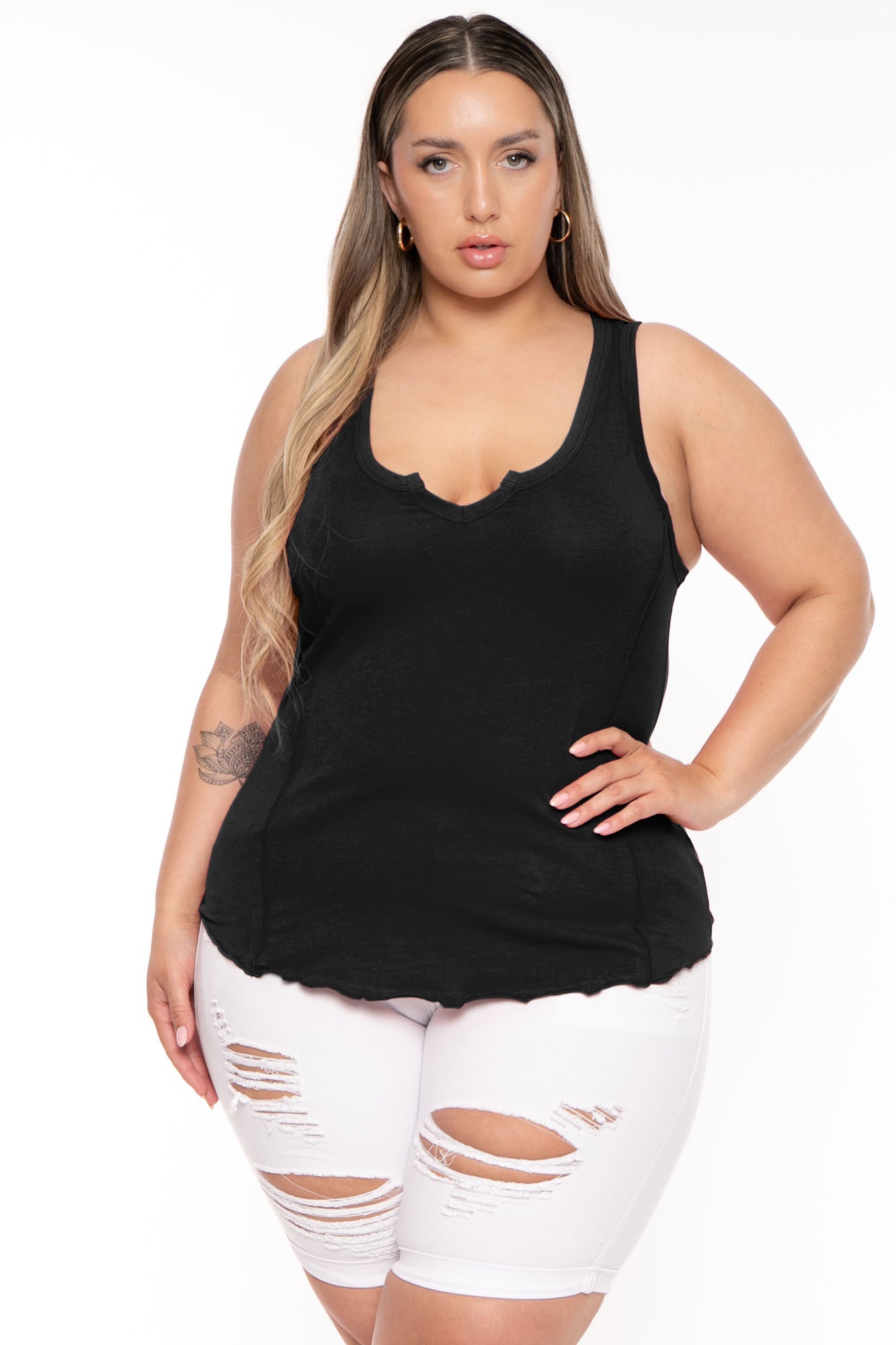 Plus Size Mini Notch Exposed Seems Tank Top - Black