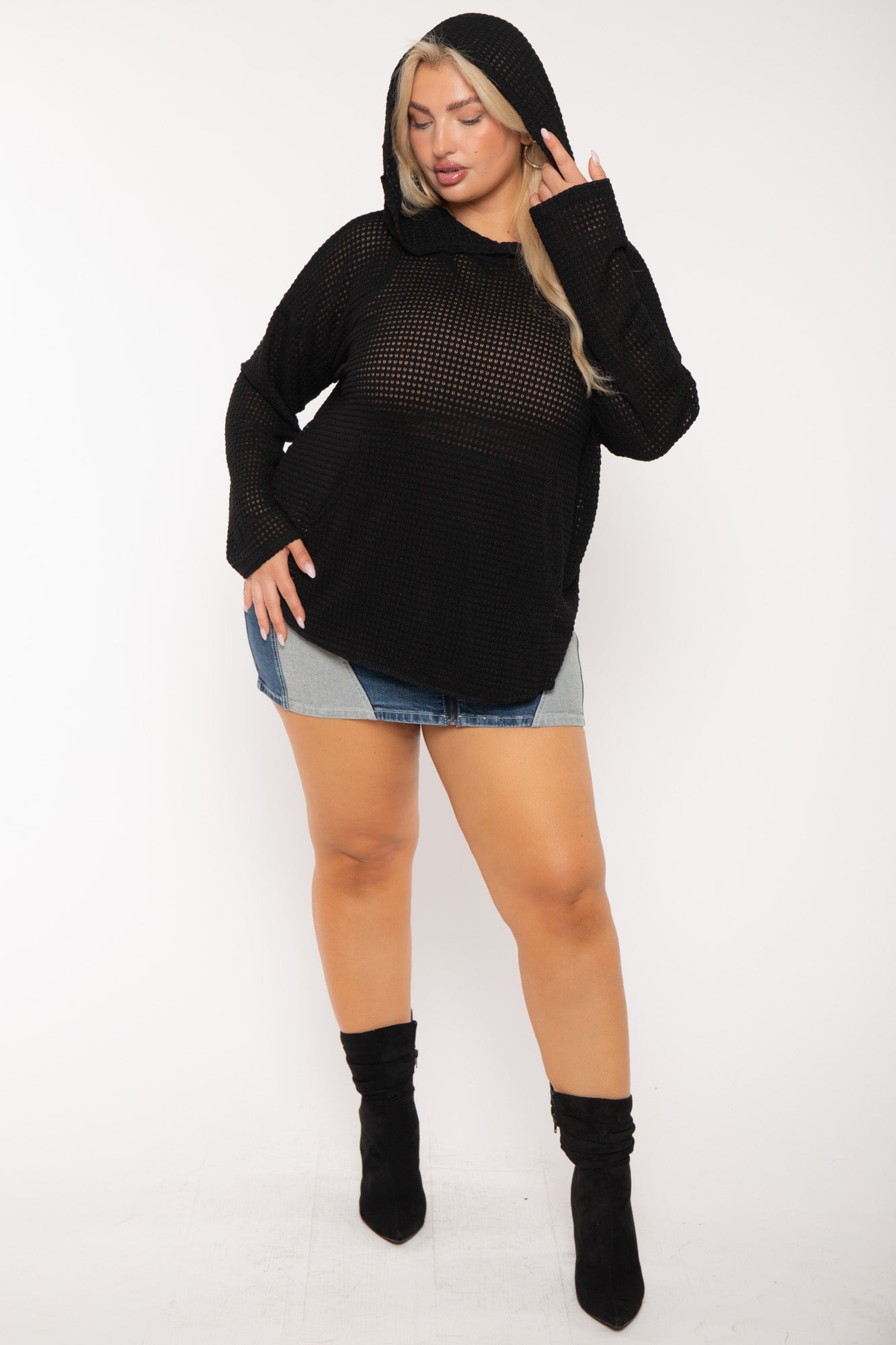 Plus Size Oversize Waffle  Hoodie  Top - Black