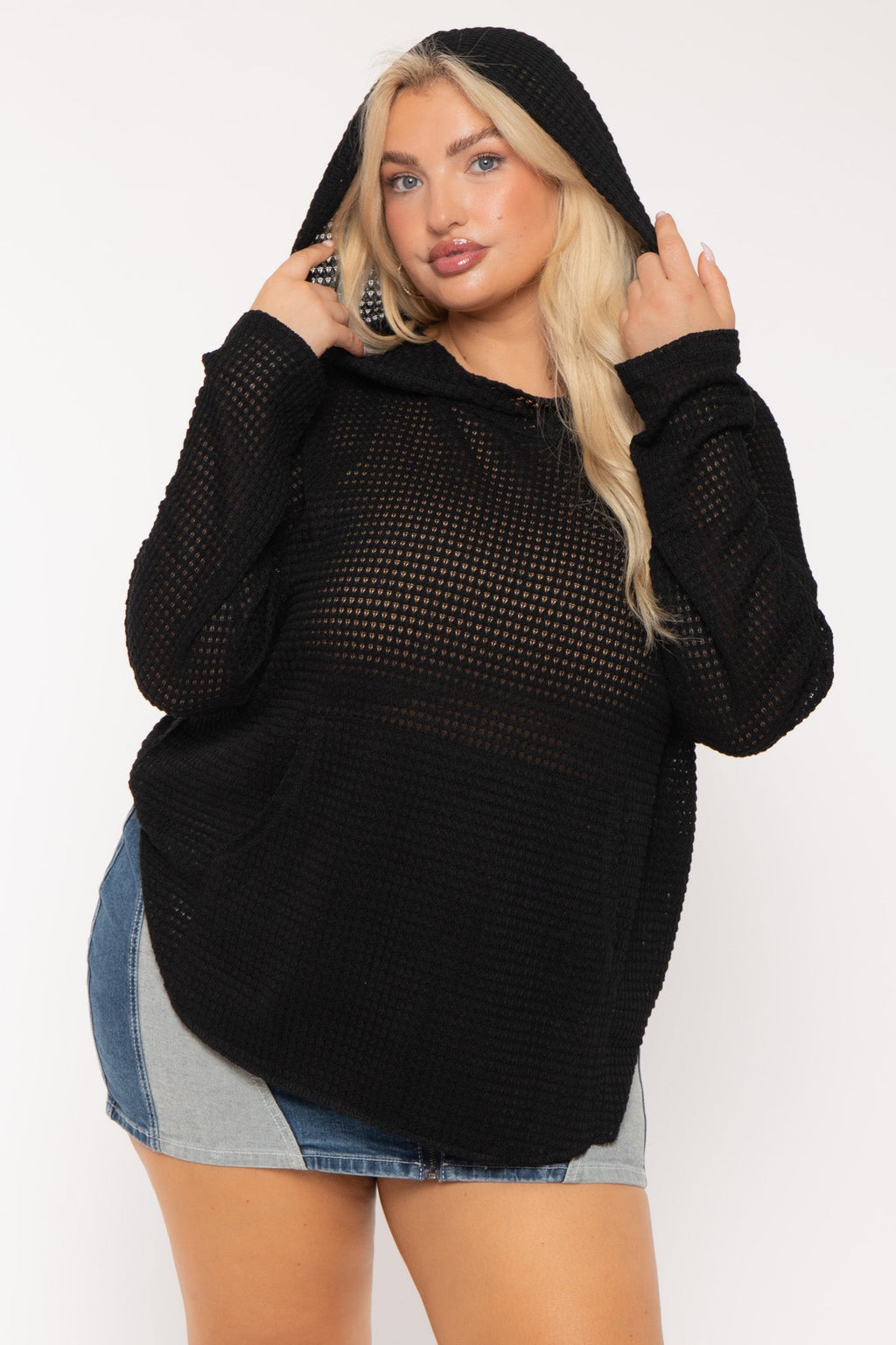 Plus Size Oversize Waffle  Hoodie  Top - Black