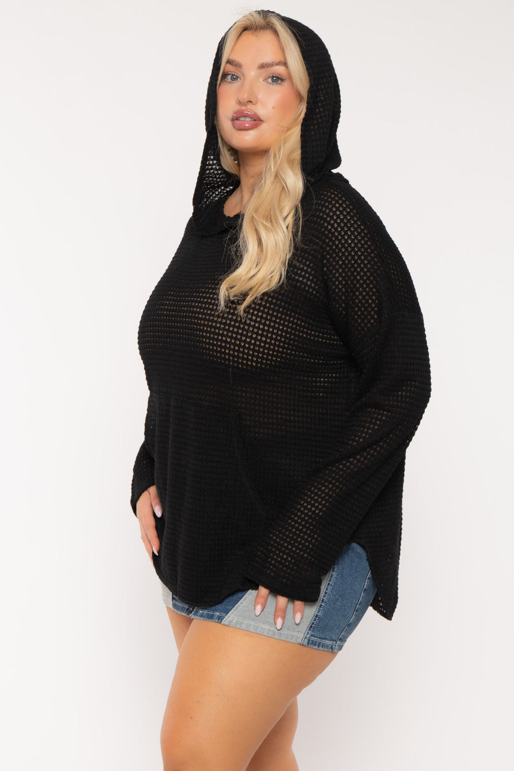Plus Size Oversize Waffle  Hoodie  Top - Black