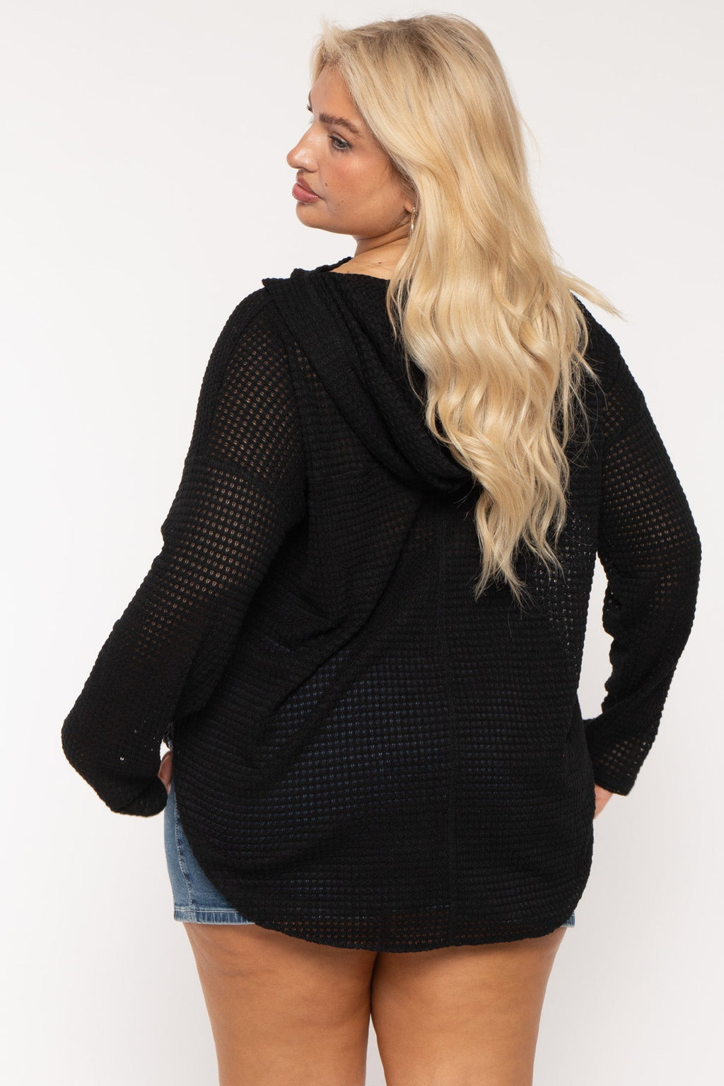 Plus Size Oversize Waffle  Hoodie  Top - Black