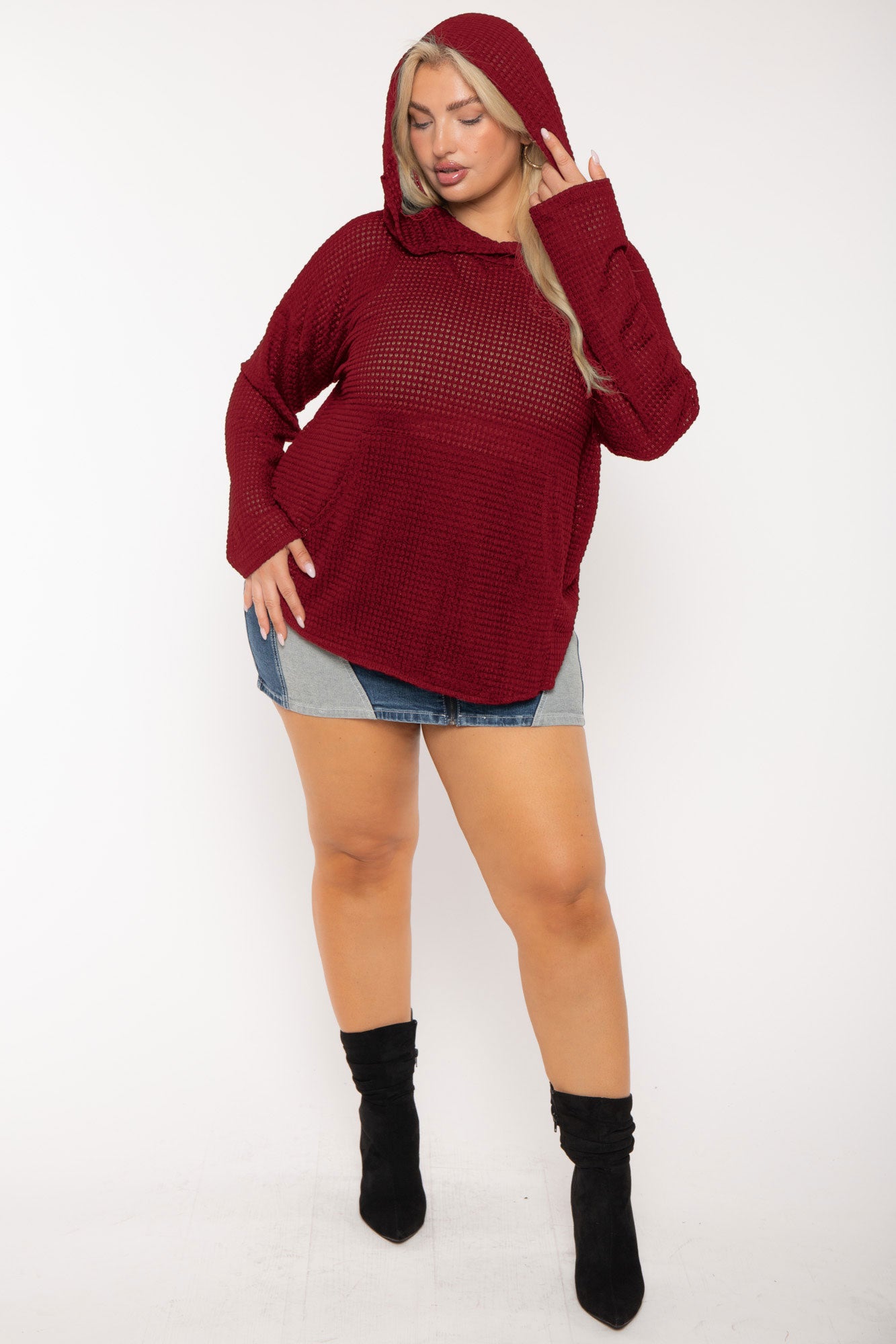 Plus Size Oversize Waffle  Hoodie  Top - Red