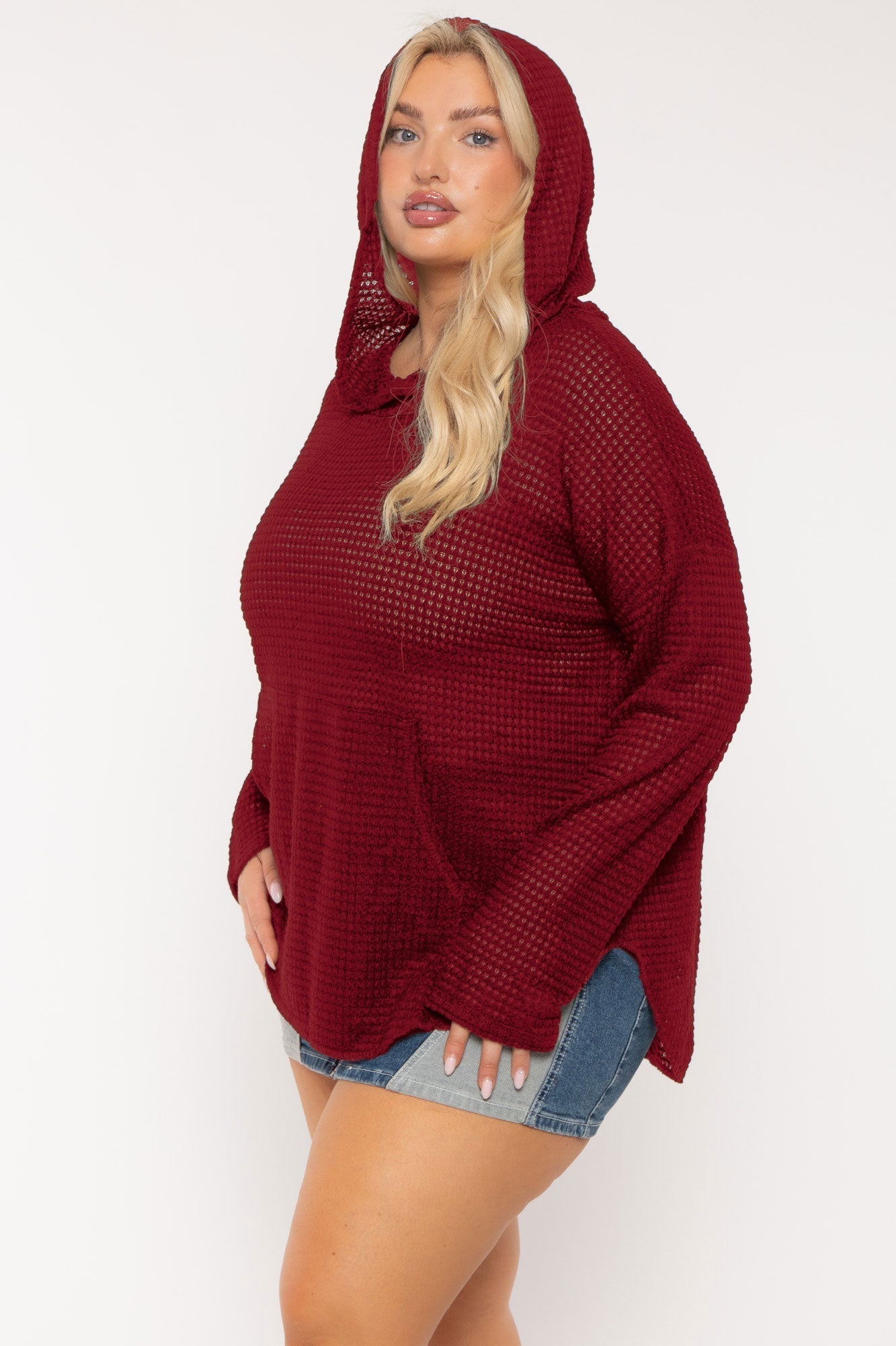 Plus Size Oversize Waffle  Hoodie  Top - Red