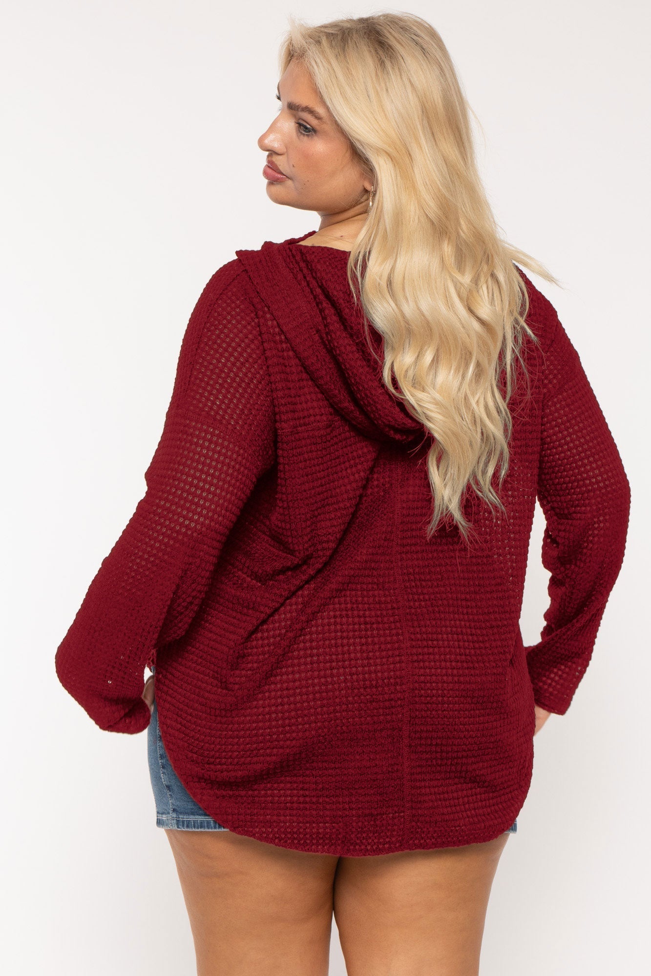 Plus Size Oversize Waffle  Hoodie  Top - Red