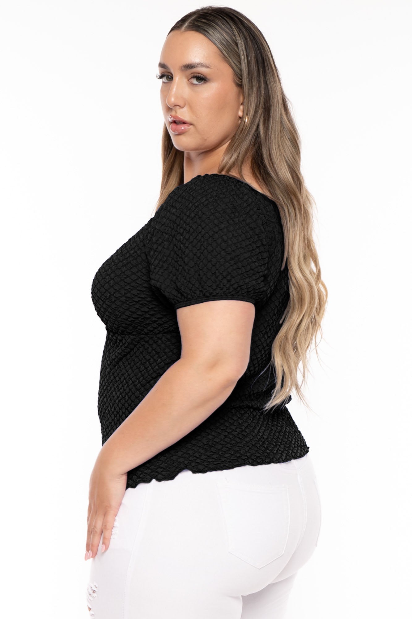 Plus Size  Peasant Honeycomb Bubble Top - Black