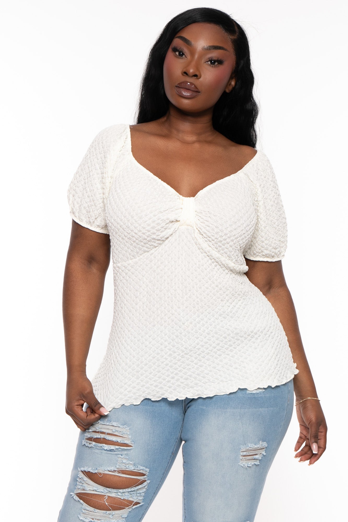 Plus Size  Peasant Honeycomb Bubble Top - Ivory