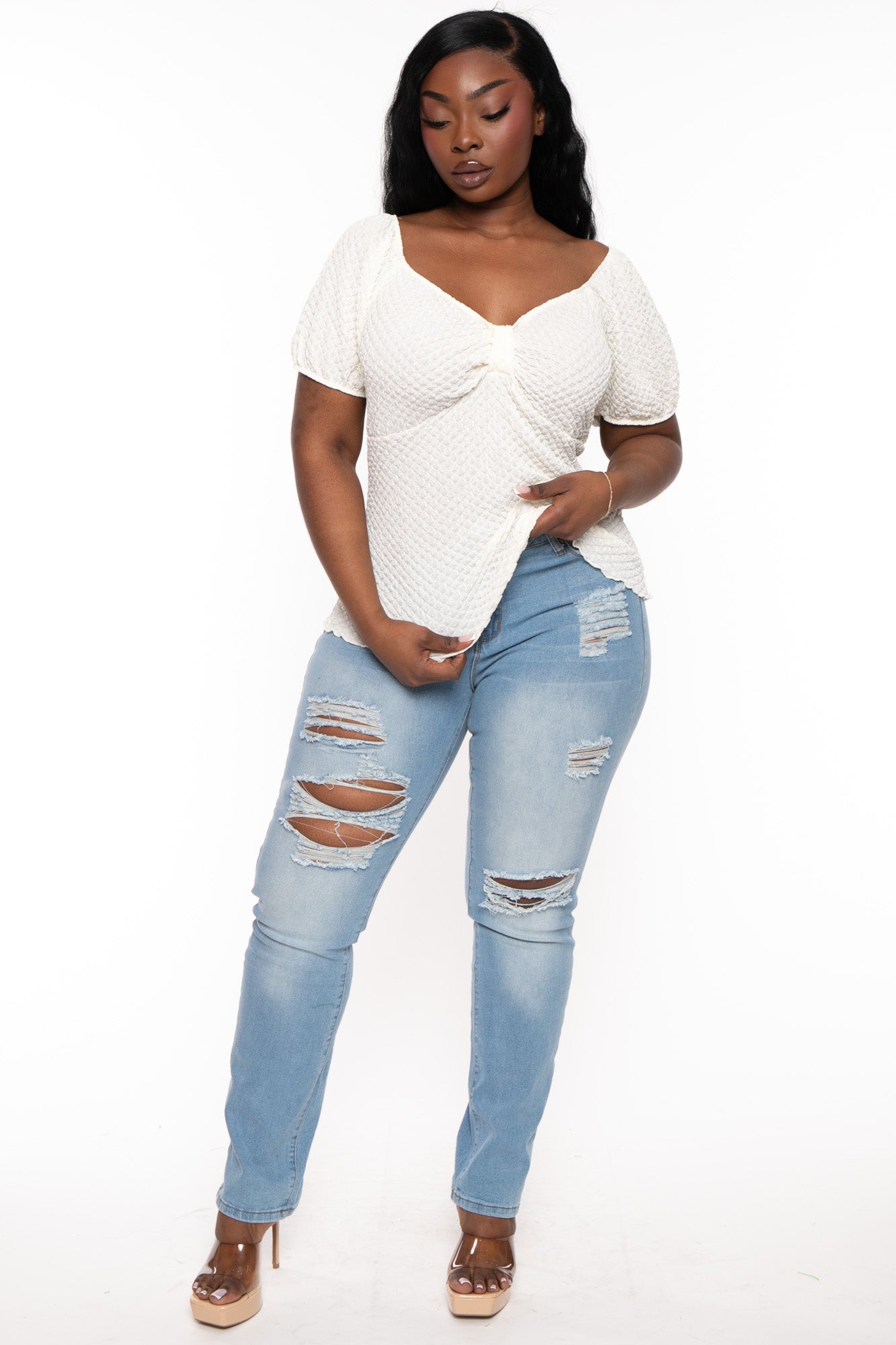 Plus Size  Peasant Honeycomb Bubble Top - Ivory