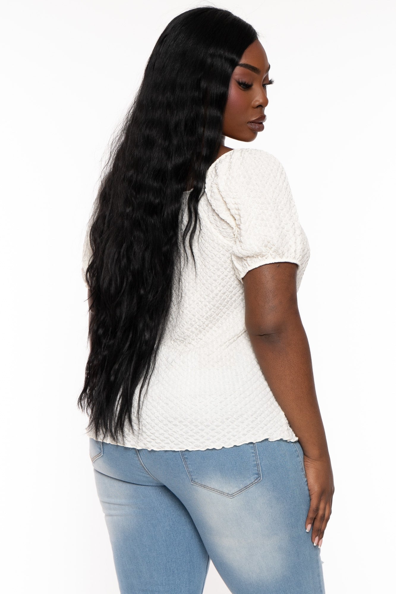 Plus Size  Peasant Honeycomb Bubble Top - Ivory