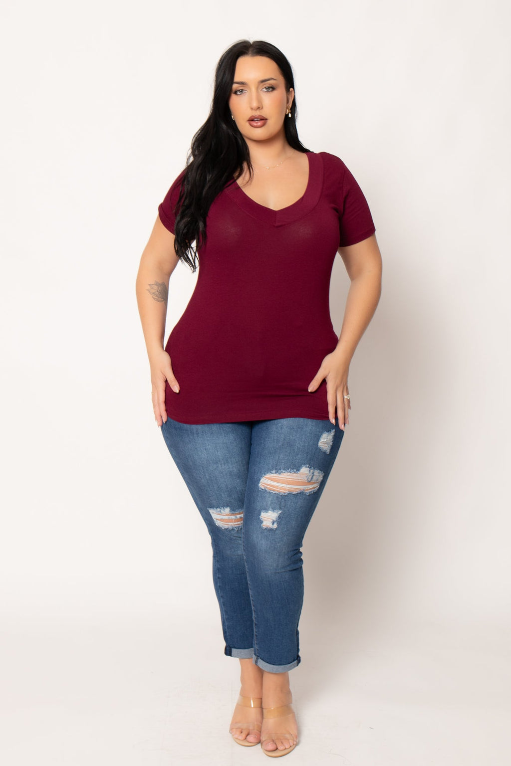 Plus Size Perfect V Tee - Burgundy