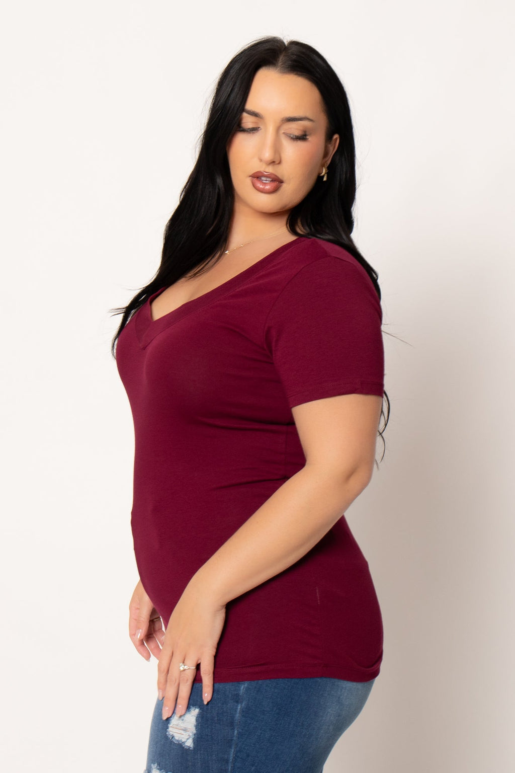 Plus Size Perfect V Tee - Burgundy
