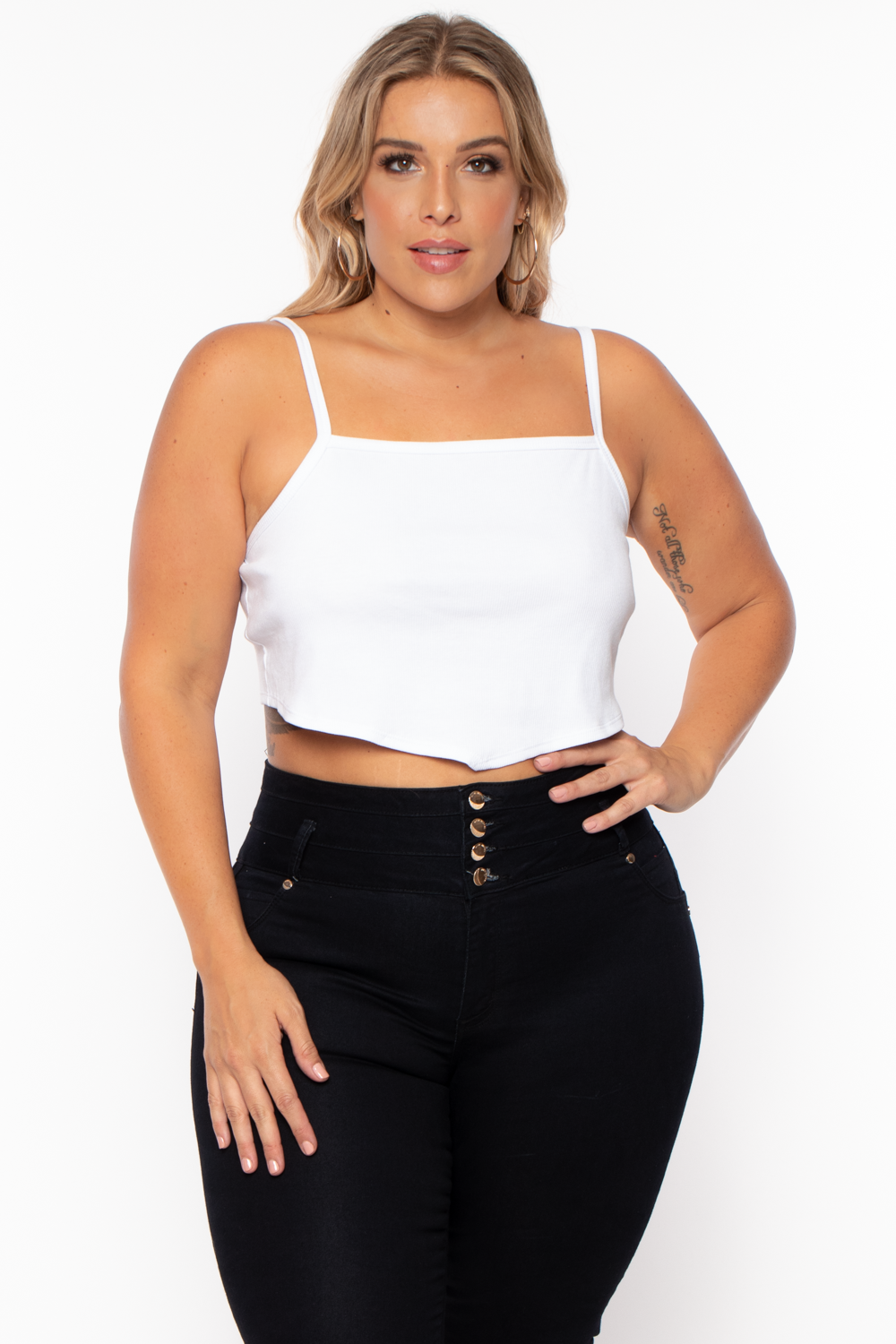 Plus Size Pointy Ribbed Cami Top - White