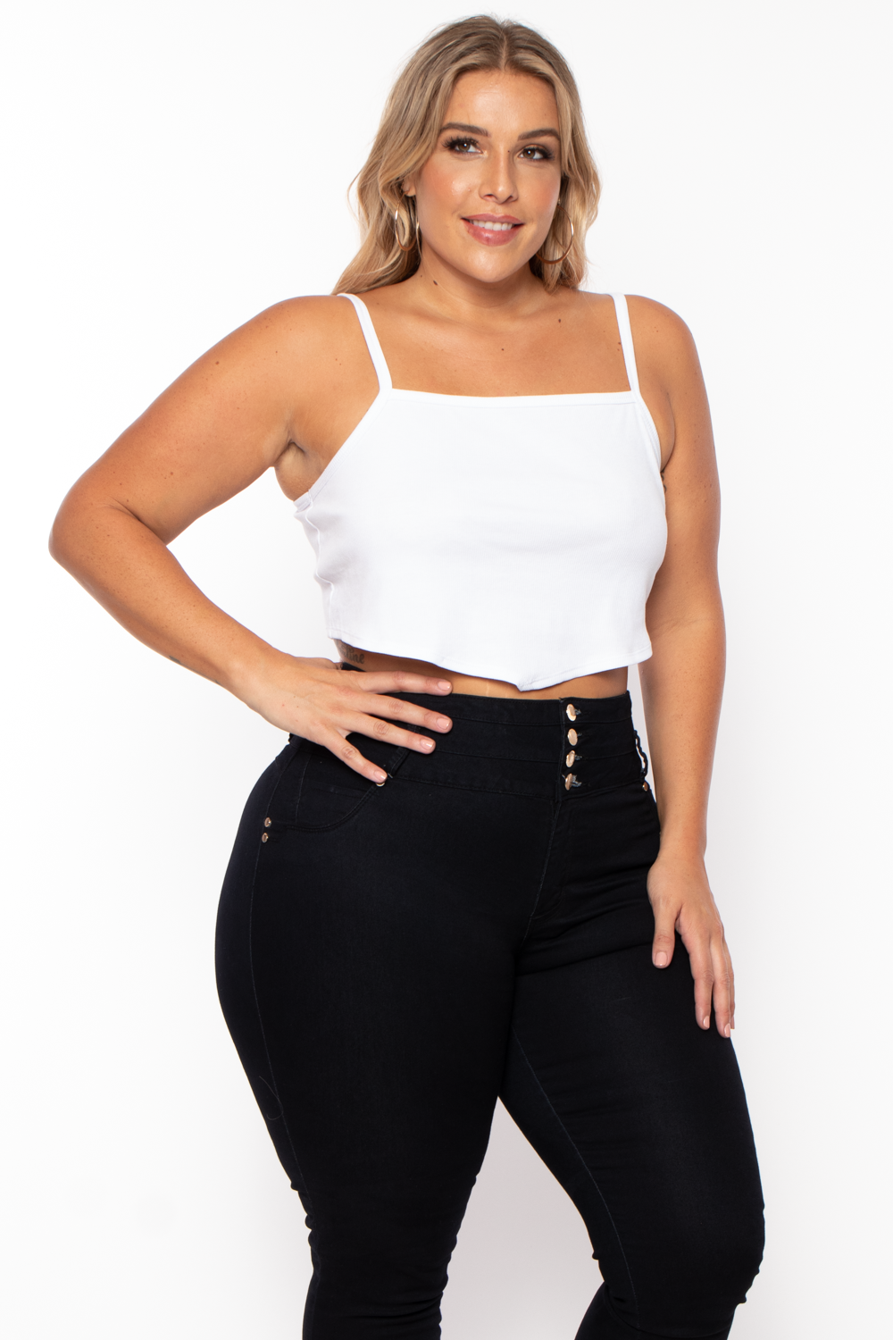 Plus Size Pointy Ribbed Cami Top - White