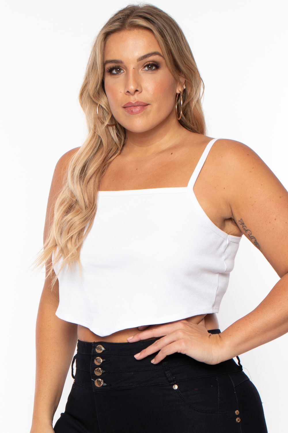 Plus Size Pointy Ribbed Cami Top - White