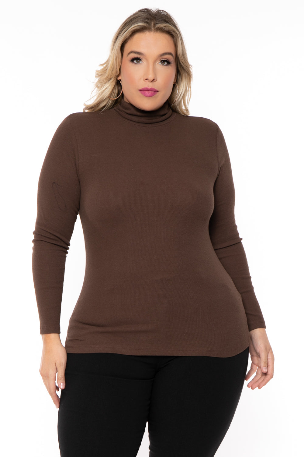 Plus Size Ribbed Turtleneck Top - Brown
