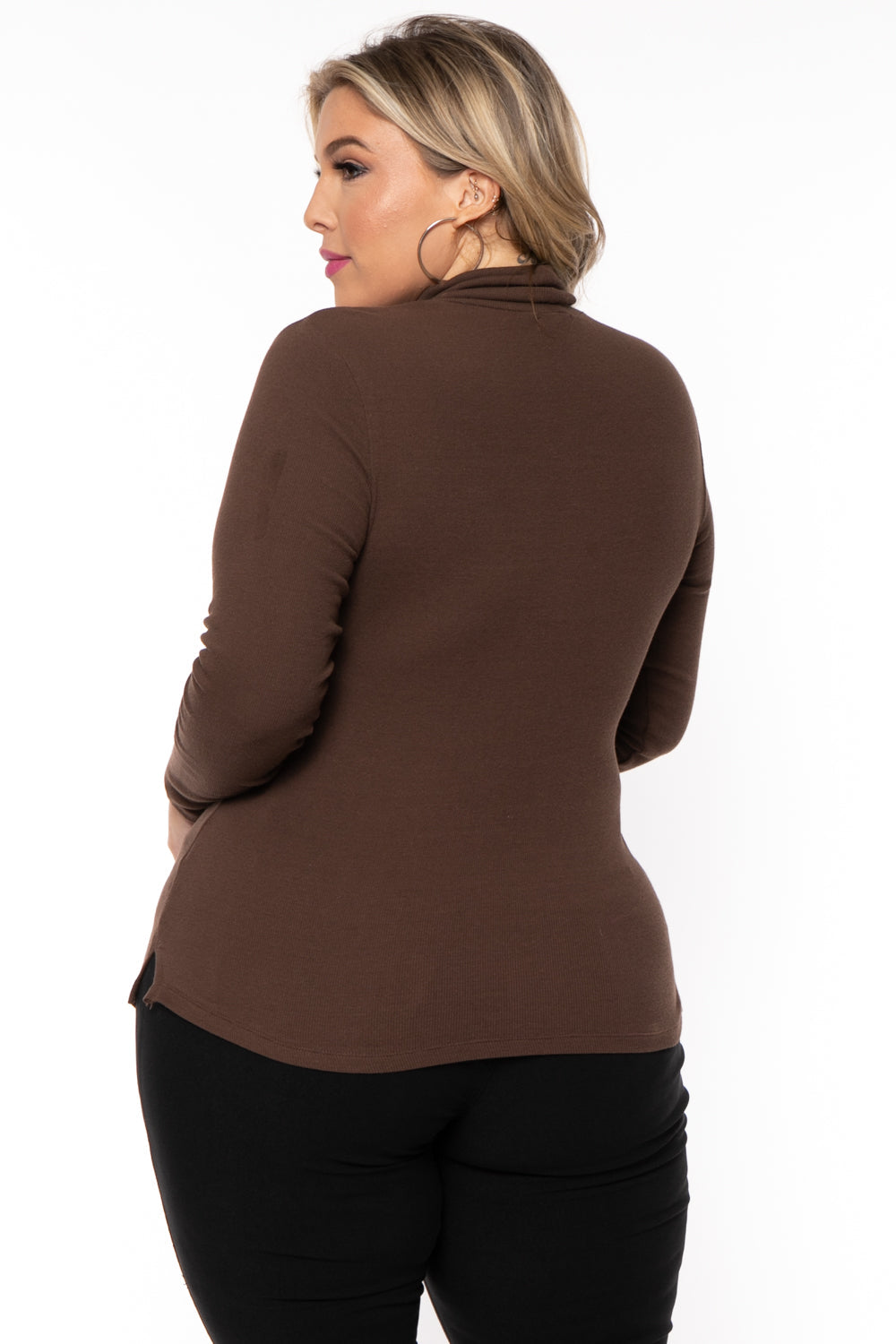 Plus Size Ribbed Turtleneck Top - Brown