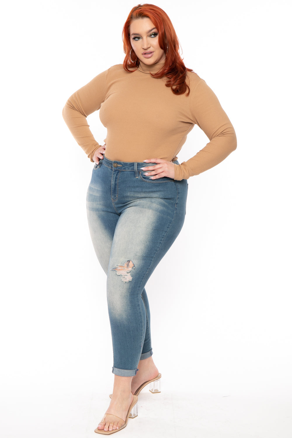 Plus Size Ribbed Turtleneck Top - Camel