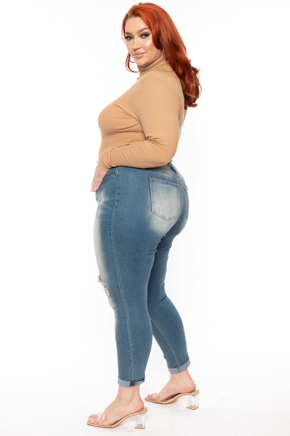 Plus Size Ribbed Turtleneck Top - Camel