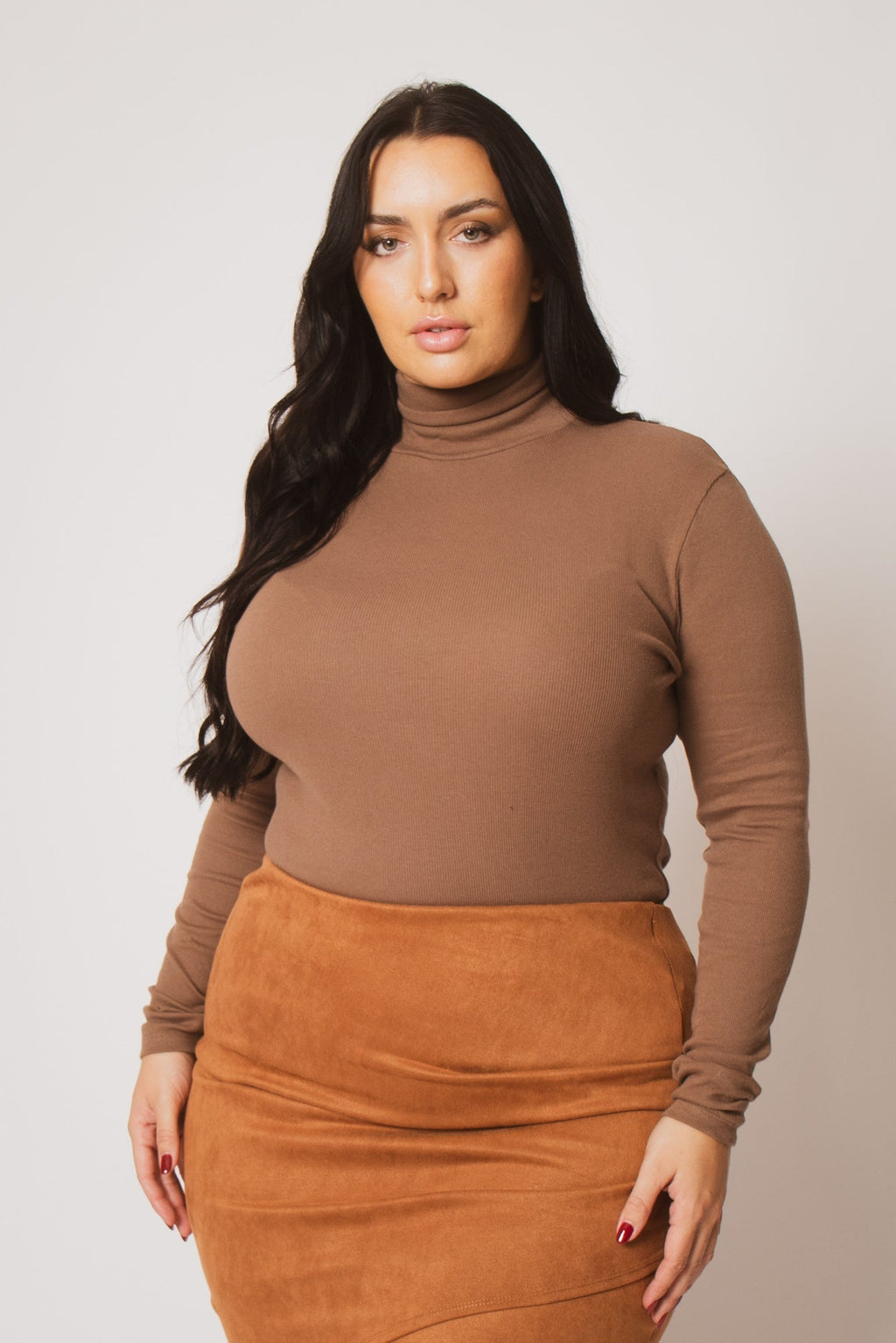 Plus Size Ribbed Turtleneck Top - Mocha