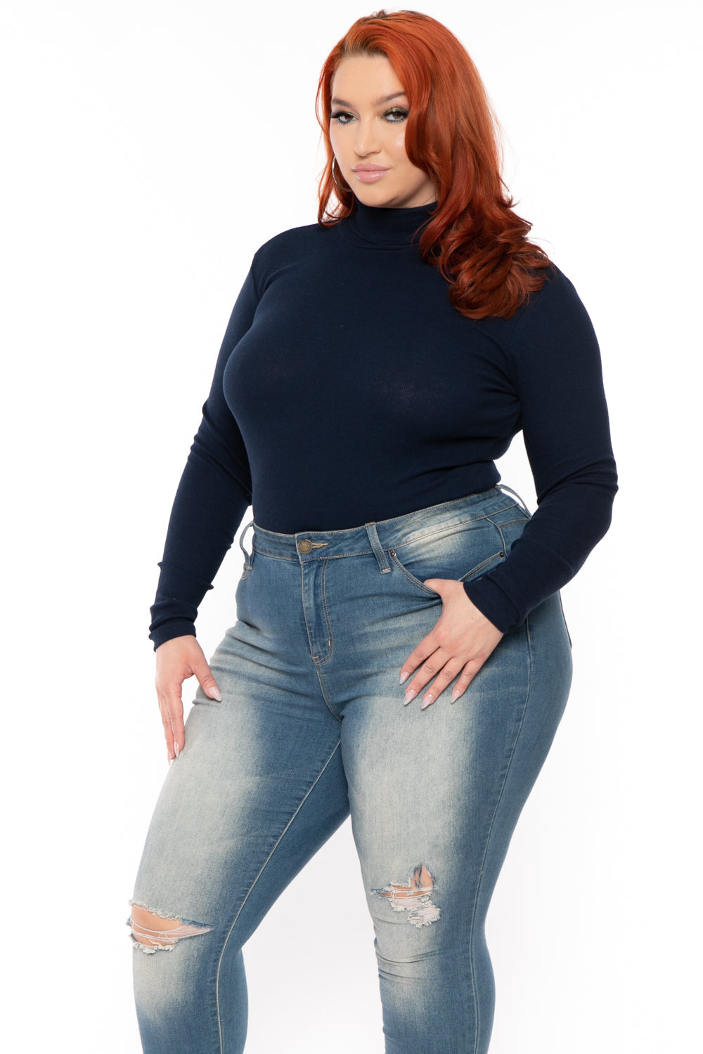 Plus Size Ribbed Turtleneck Top - Navy