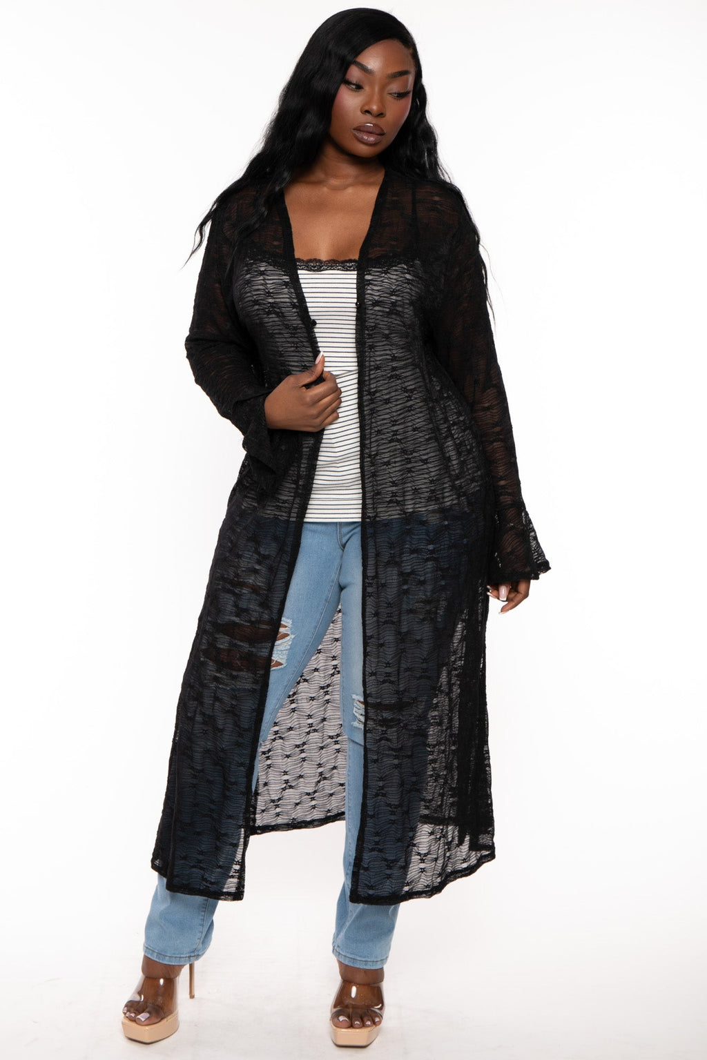 Plus Size  Striped  Lace Trim  Cami Top- Black