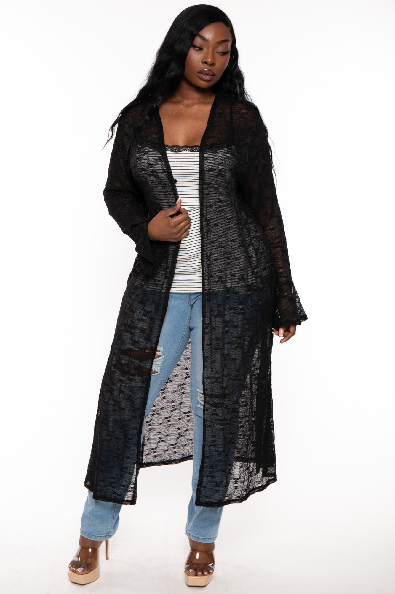 Plus Size  Striped  Lace Trim  Cami Top- Black