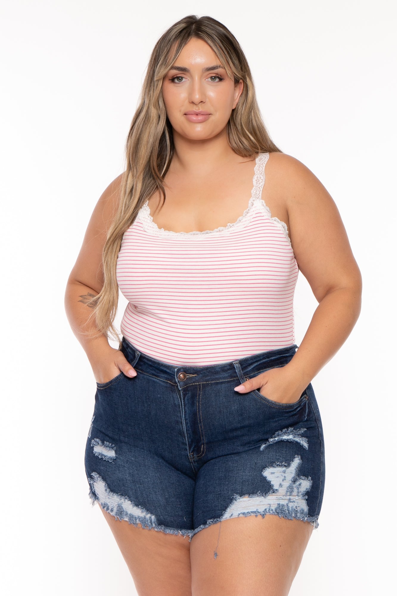 Plus Size  Striped  Lace Trim  Cami Top- Pink