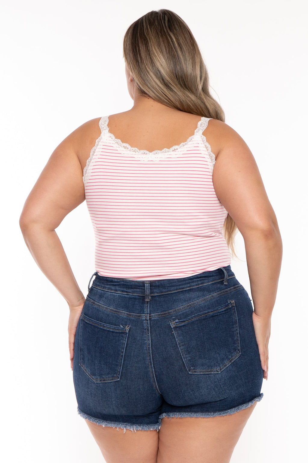 Plus Size  Striped  Lace Trim  Cami Top- Pink