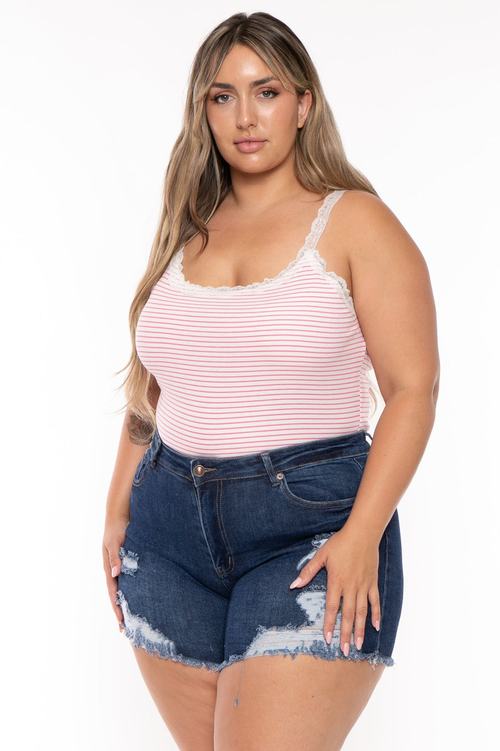 Plus Size  Striped  Lace Trim  Cami Top- Pink