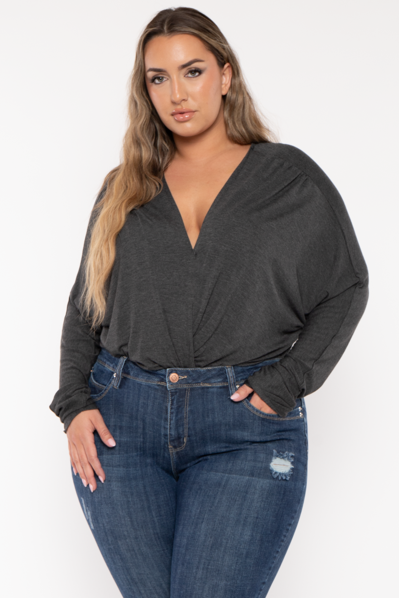 Plus Size Surplice Dolman Sleeve Bodysuit  - Charcoal