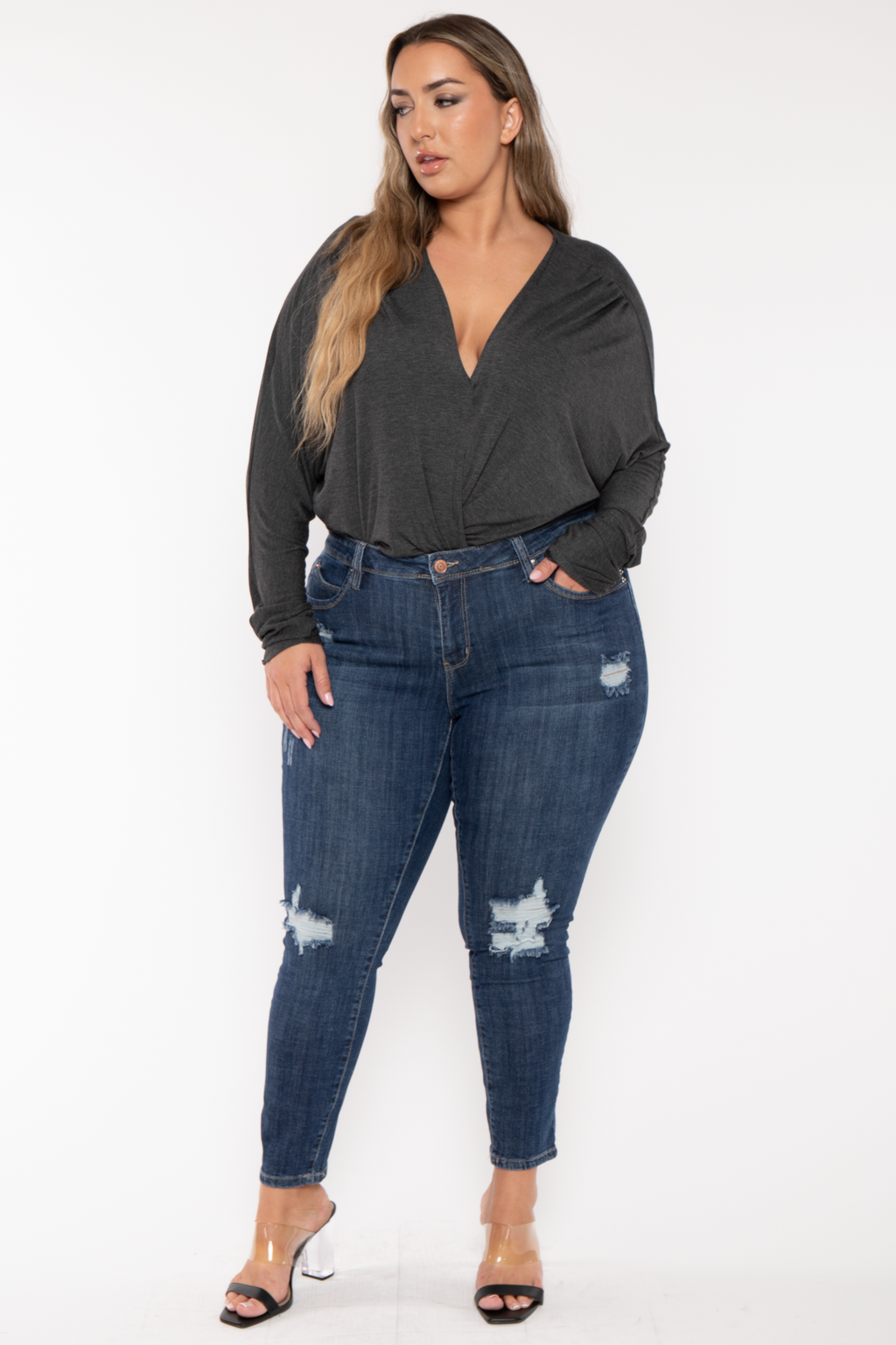 Plus Size Surplice Dolman Sleeve Bodysuit  - Charcoal