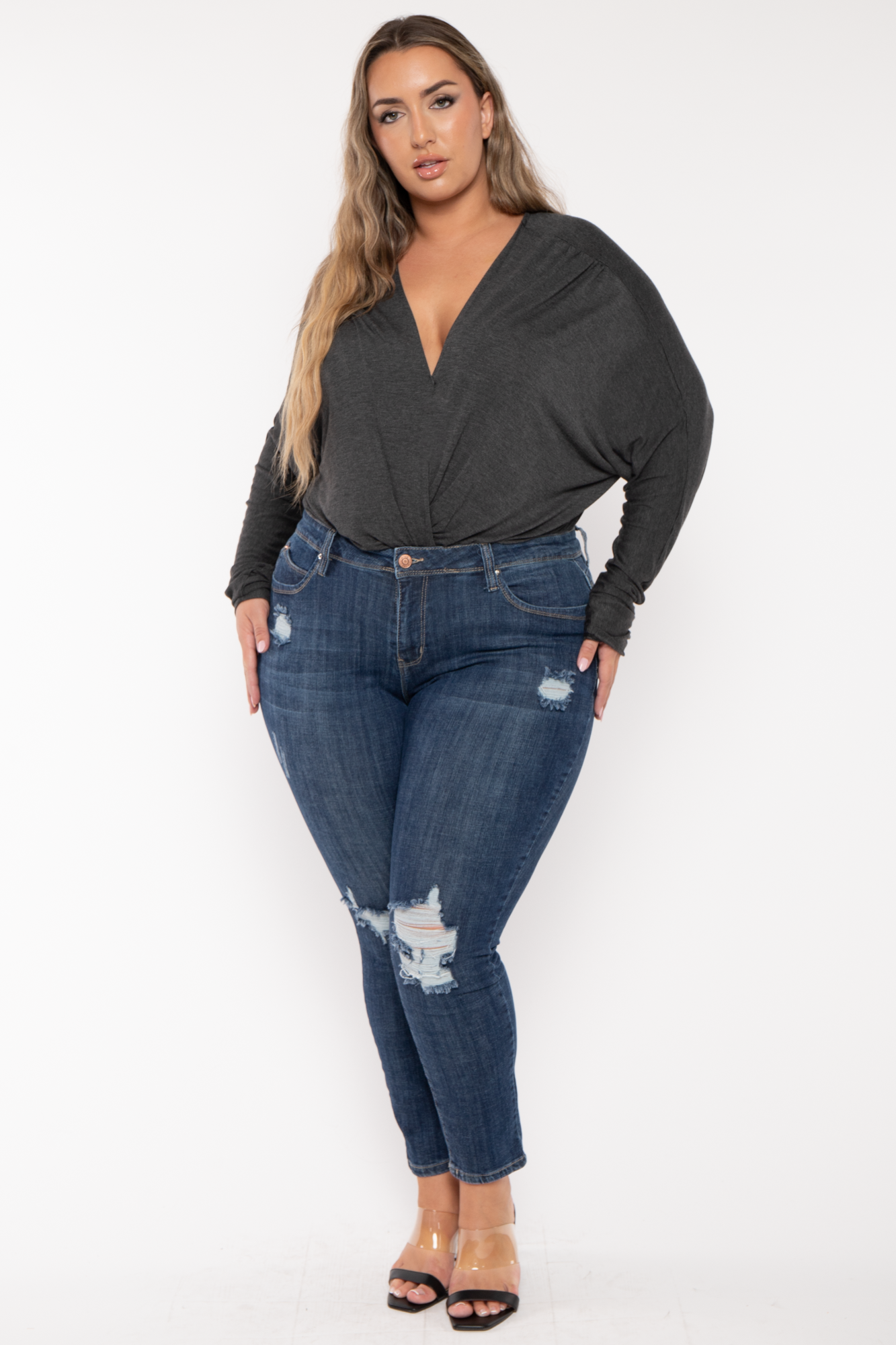 Plus Size Surplice Dolman Sleeve Bodysuit  - Charcoal