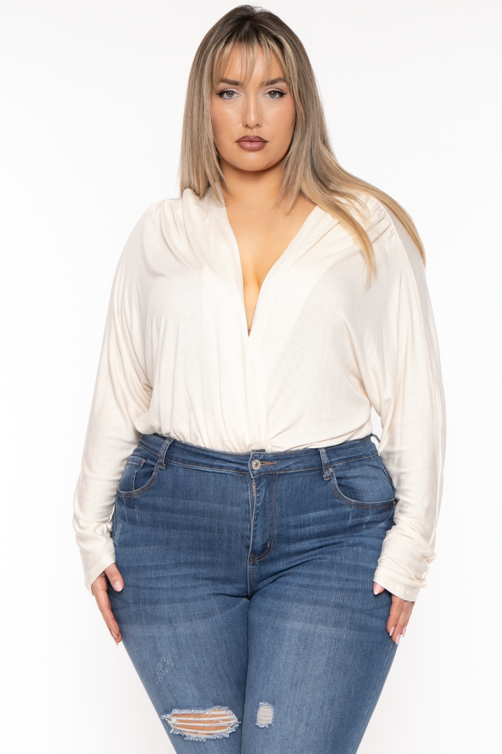 Plus Size Surplice Dolman Sleeve Bodysuit  - Cream