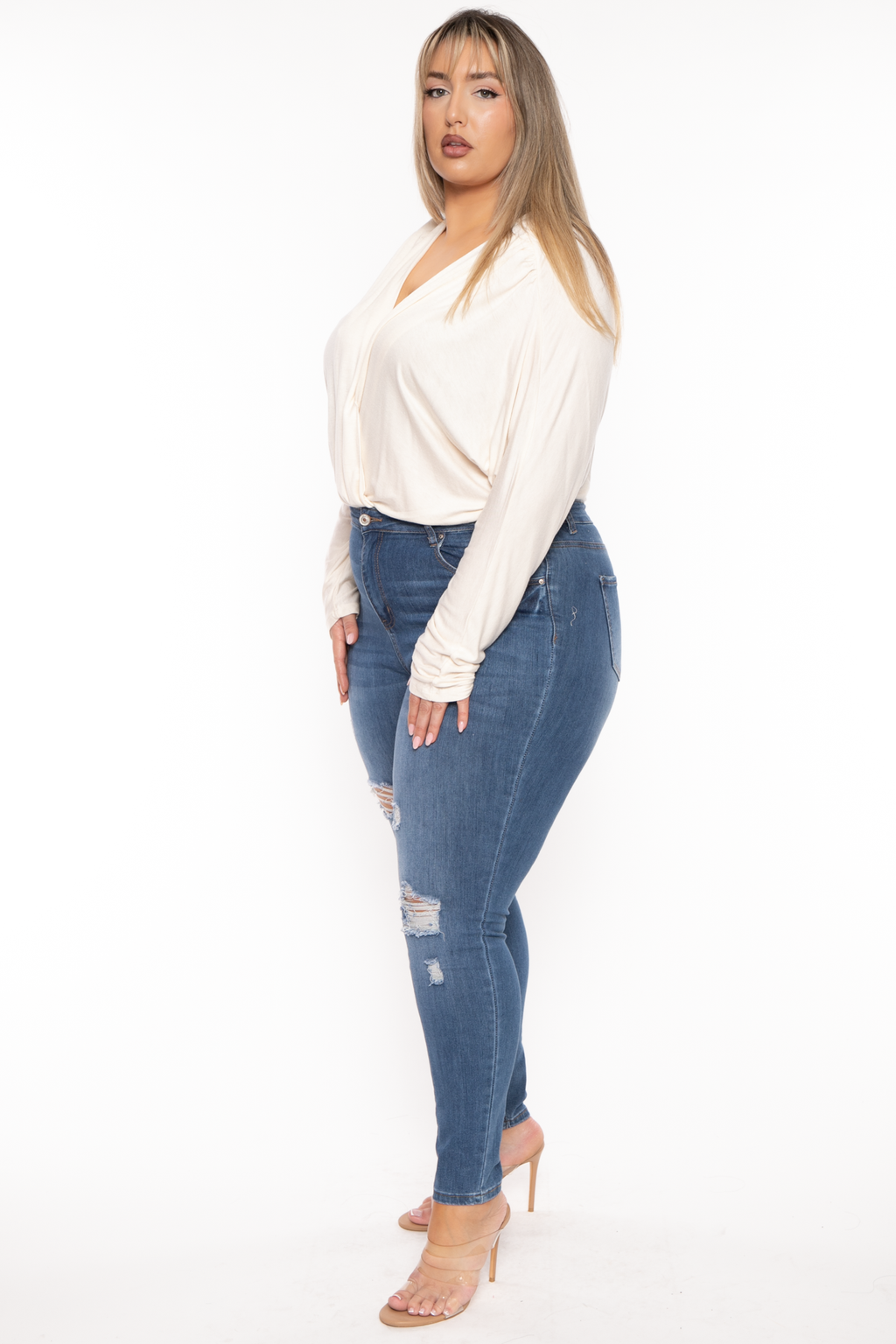 Plus Size Surplice Dolman Sleeve Bodysuit  - Cream