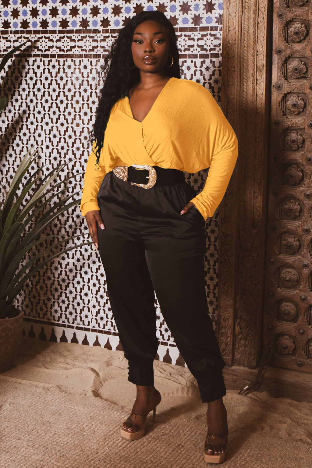 Plus Size Surplice Dolman Sleeve Bodysuit  - Mustard