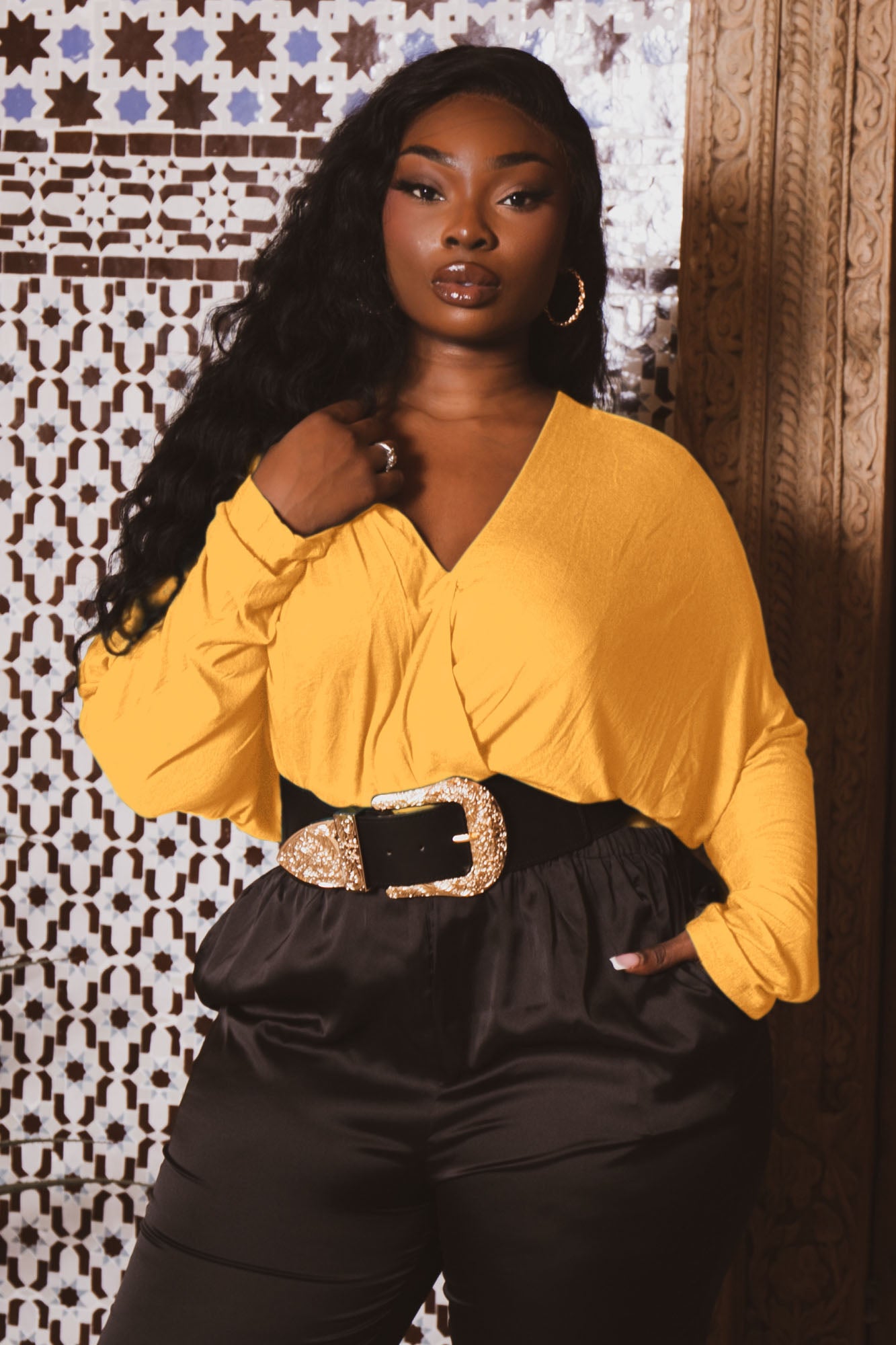 Plus Size Surplice Dolman Sleeve Bodysuit  - Mustard
