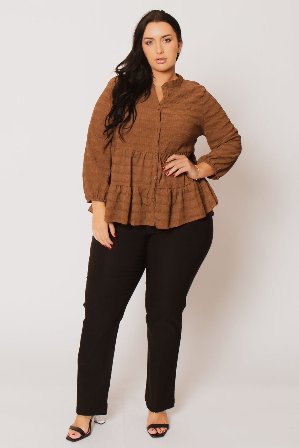 Plus Size Tessa Babydoll Top - Brown