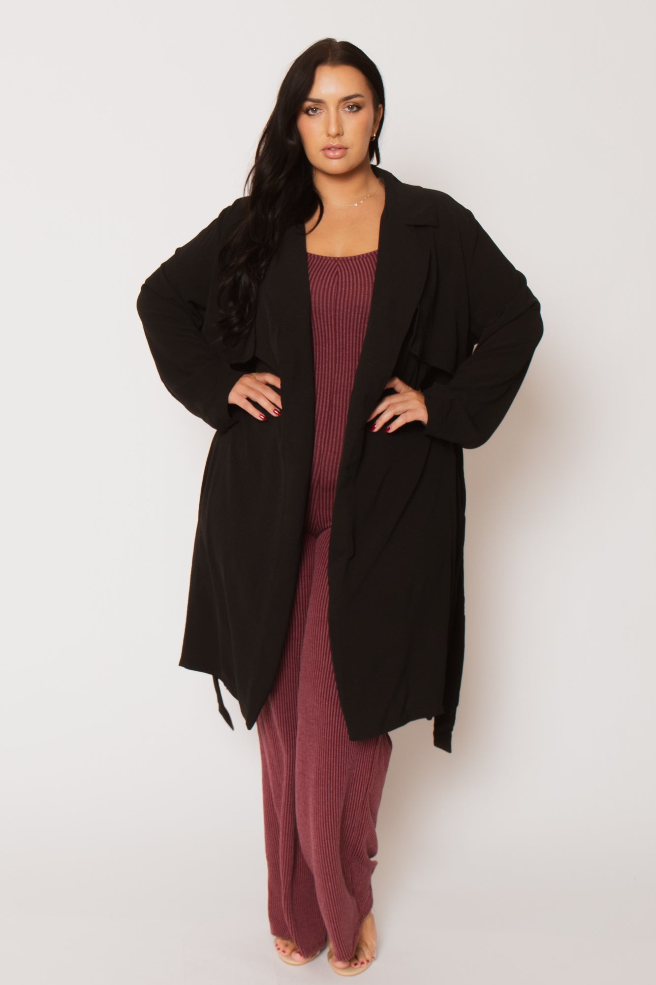 Plus Size Timeless Tie Coat - Black