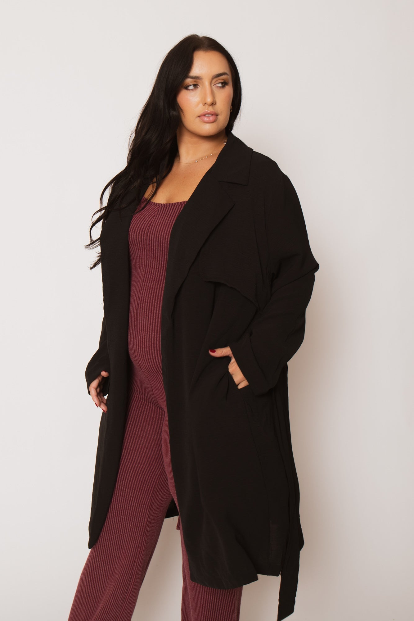 Plus Size Timeless Tie Coat - Black