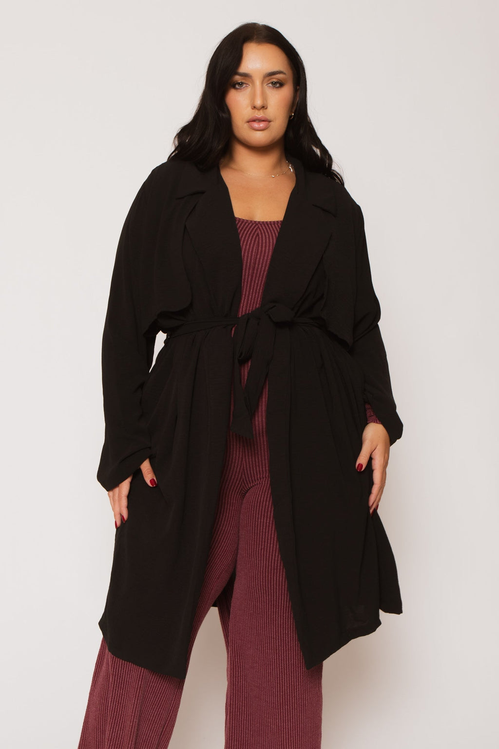Plus Size Timeless Tie Coat - Black
