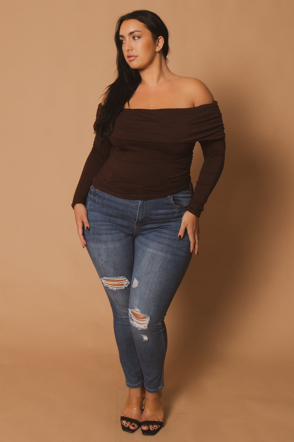 Plus Size Valentina Ruched Top  - Brown