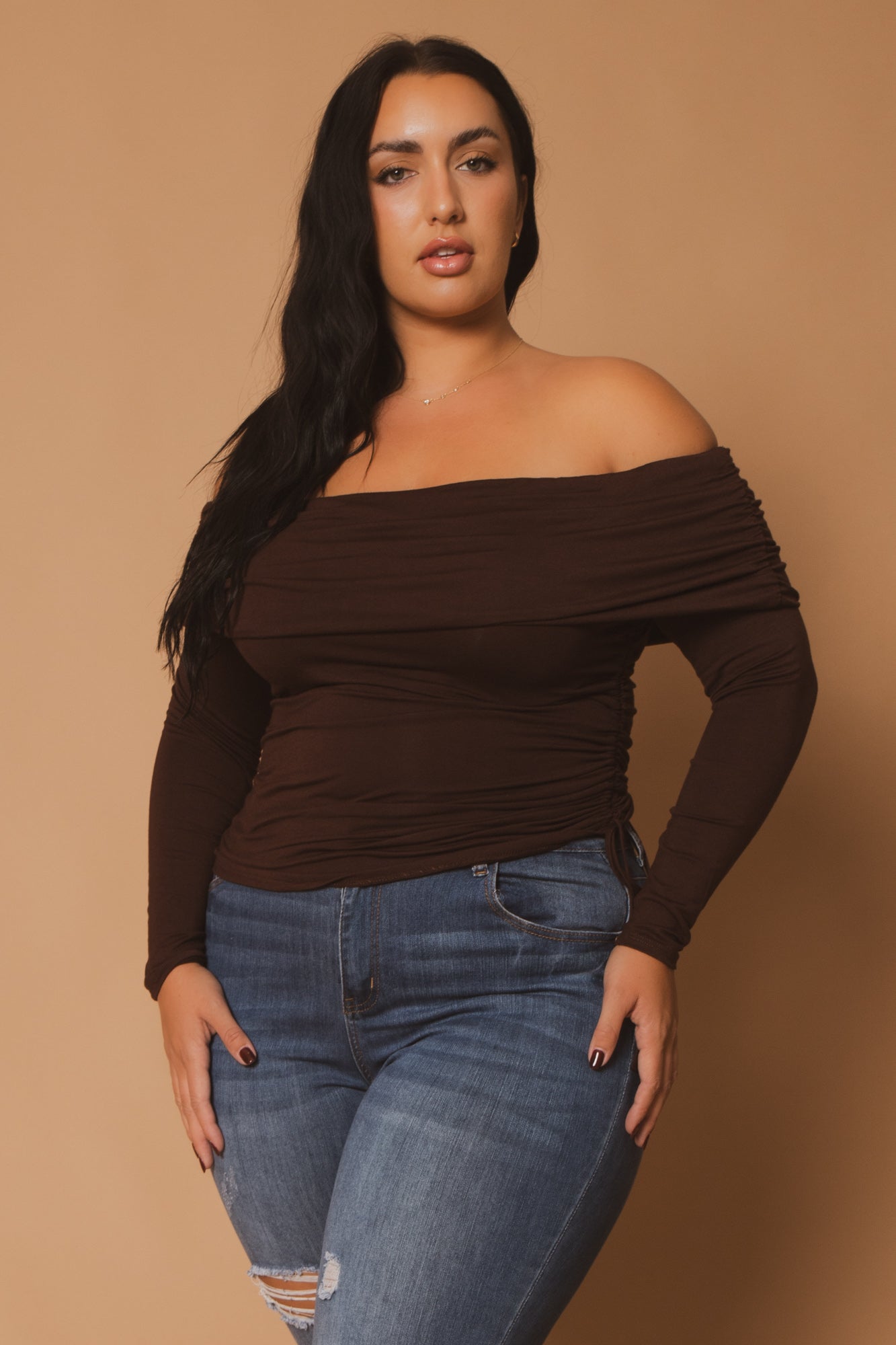 Plus Size Valentina Ruched Top  - Brown