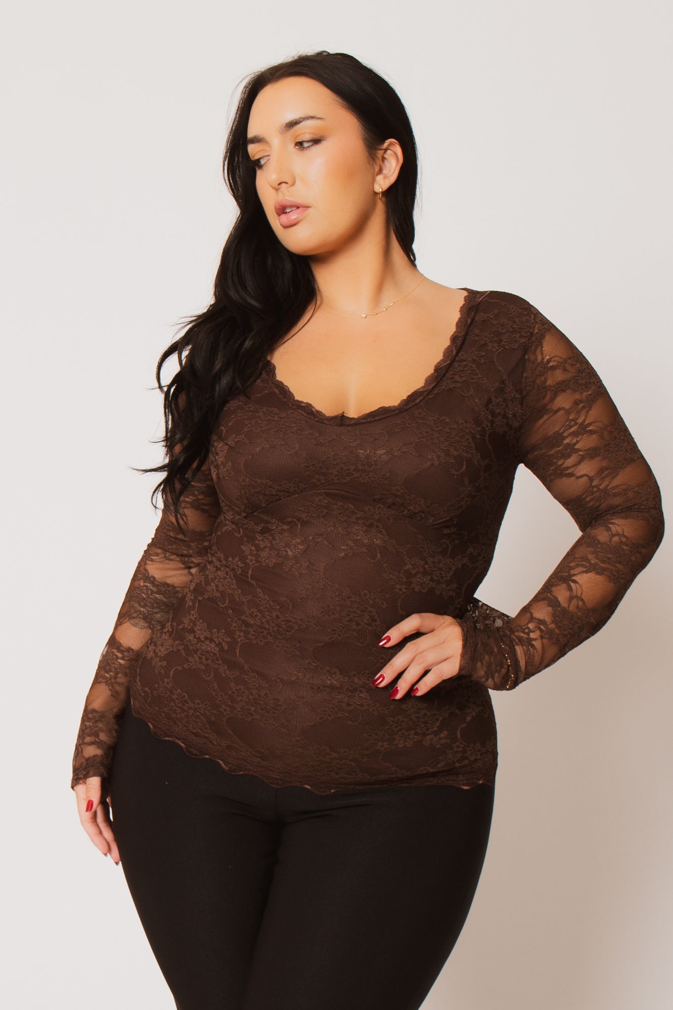 Plus Size Vivienne Lace Top  - Brown