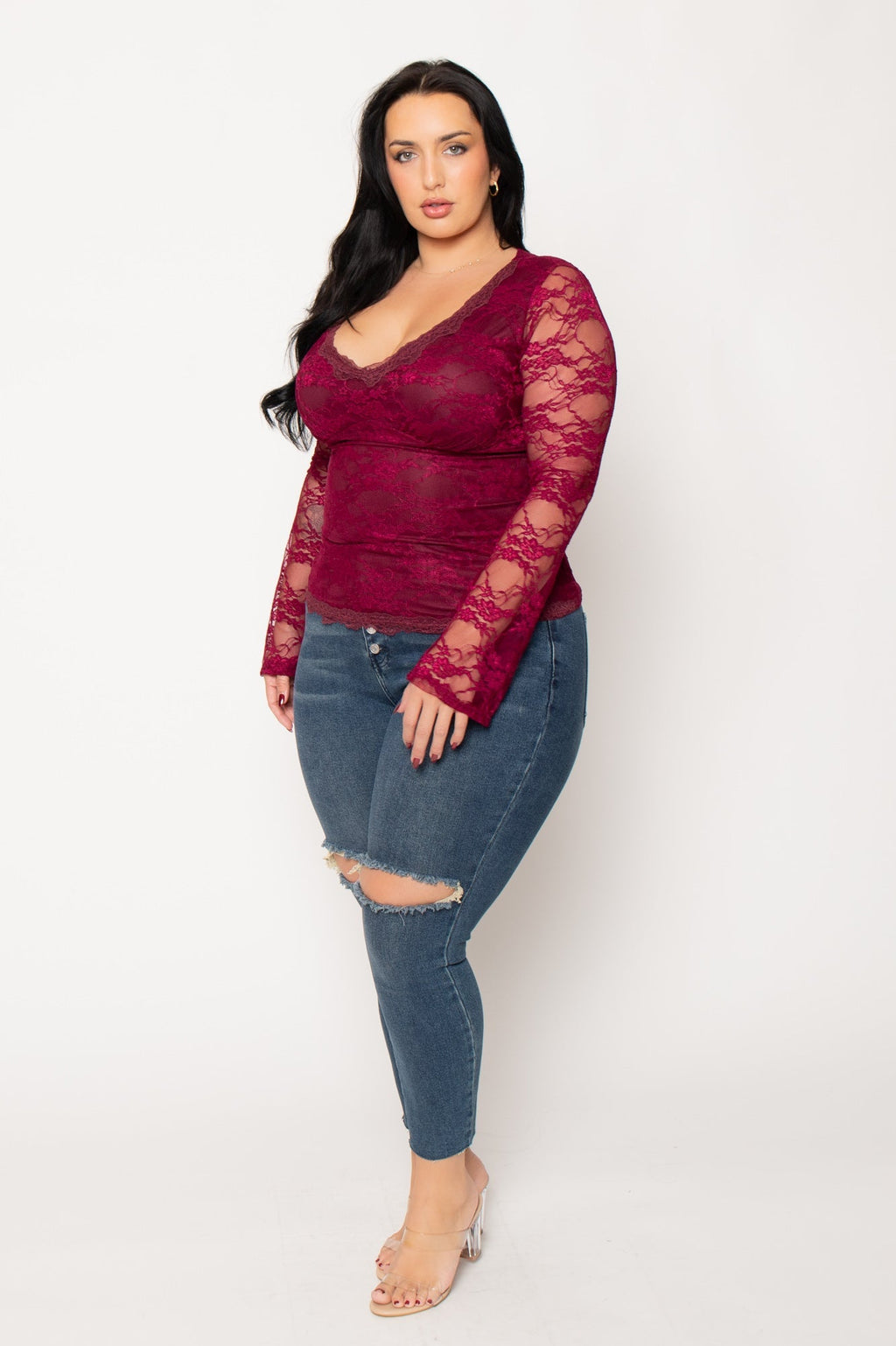 Plus Size Vivienne Lace Top  - Burgundy