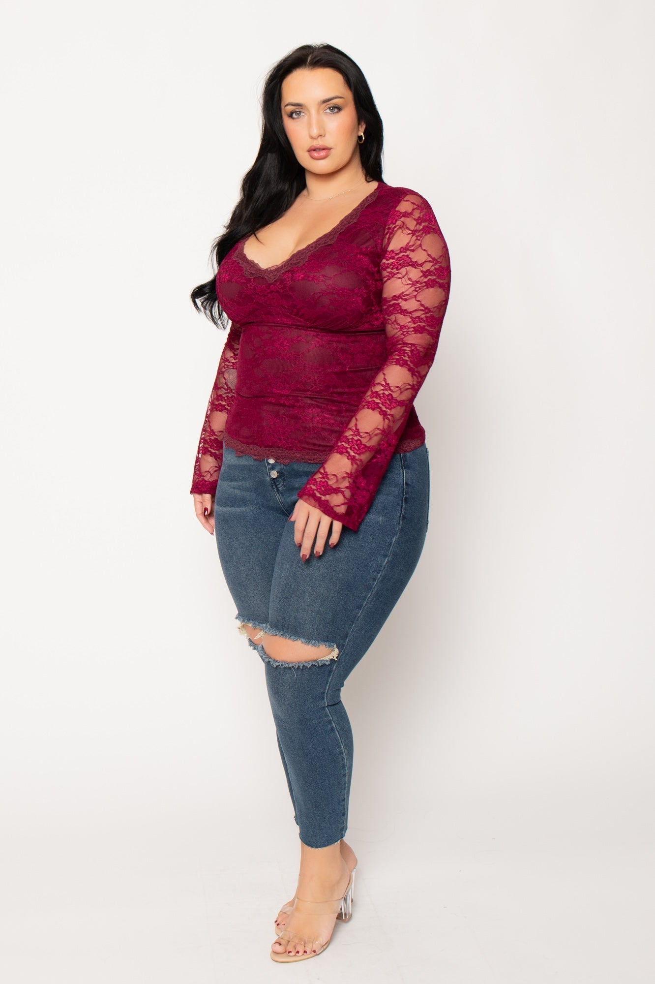 Plus Size Vivienne Lace Top  - Burgundy