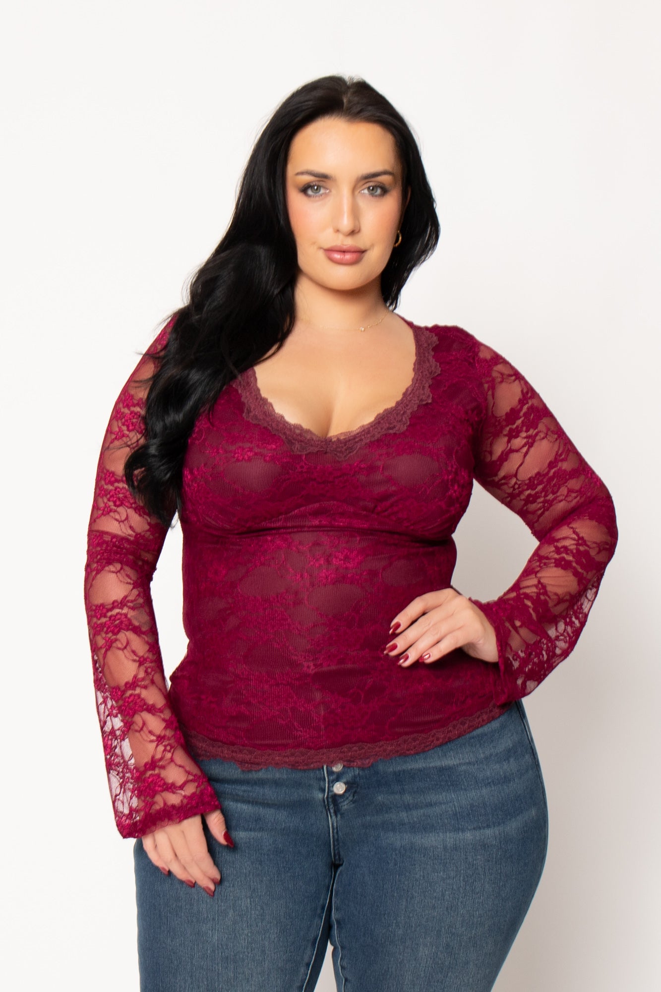 Plus Size Vivienne Lace Top  - Burgundy